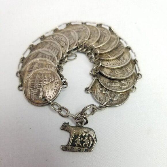 Vintage Jewelry - Vintage Faux Coin Cow Charm Bracelet, E.P.Q.R Signed, Silver Tone, Estate